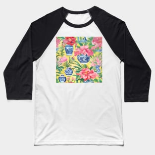 Pink peonies in blue and white chinoiserie jars on yellow background Baseball T-Shirt